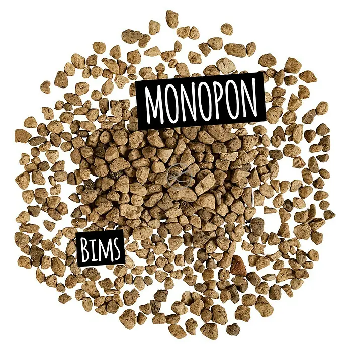 Lechuza Pflanzgranulat Monopon - 12 l - Hellbraunes, unregelmäßiges Bims-Substrat mit den Aufschriften 'MONOPON' und 'BIMS'.