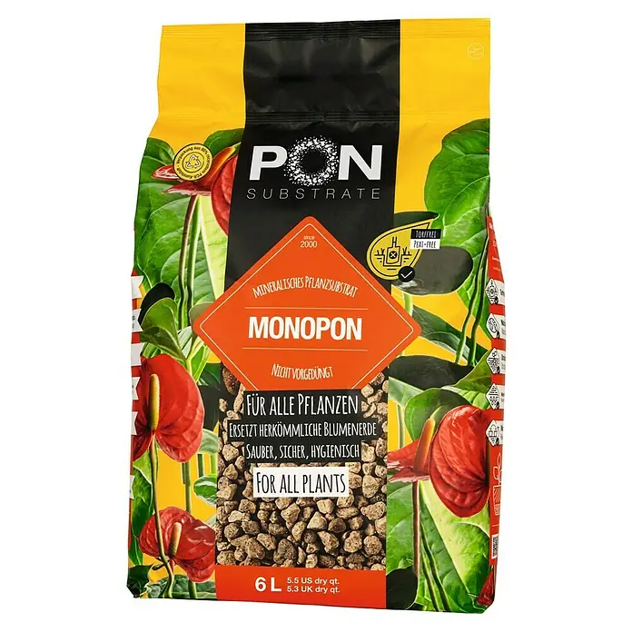 Lechuza Pflanzgranulat Monopon - 6 l - Gelb-schwarzer Beutel PON MONOPON torffreies Mineral-Pflanzsubstrat mit sichtbarer Gesteinsstruktur, 6L. Für alle Pflanzen.