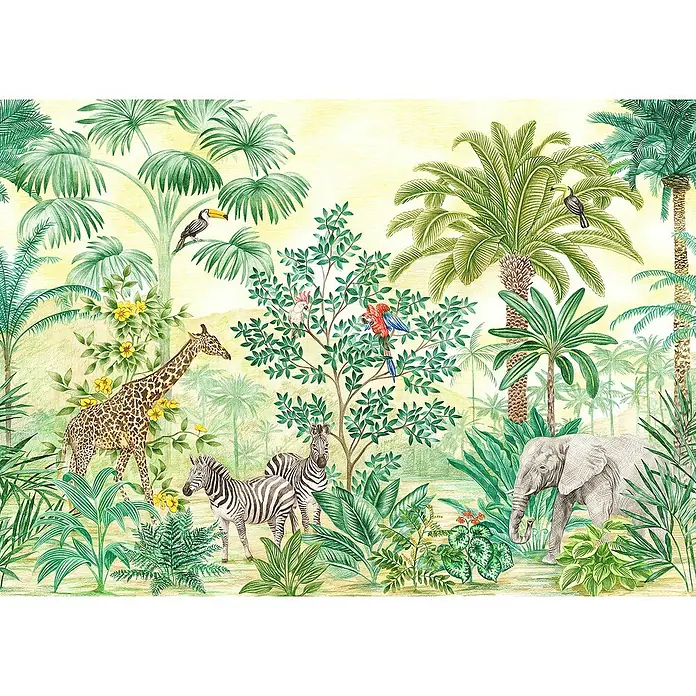 Komar Fototapete Jungle Adventure - 7 -tlg., B x H: 350 x 250 cm, Vlies - Lebendiges Dschungel-Wandbild mit Giraffe, Zebra, Elefant und tropischen Vögeln zwischen üppigen Pflanzen und Palmen.