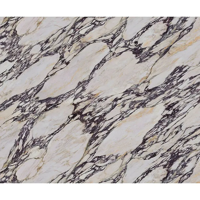 Komar Fototapete Marmor - 6 -tlg., B x H: 300 x 250 cm, Vlies - Marmorfliese mit violetten und goldenen Akzenten. Die Fliese hat eine glatte, polierte Oberfläche und ist ideal für Badezimmer oder Küchen.