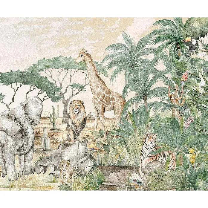 Komar Fototapete Tierwelt - 6 -tlg., B x H: 300 x 250 cm, Vlies - Aquarell-Illustration einer Dschungel-Szene mit Elefant, Löwe, Tiger, Giraffe, Affe, Tukan, Kakteen und tropischen Pflanzen.