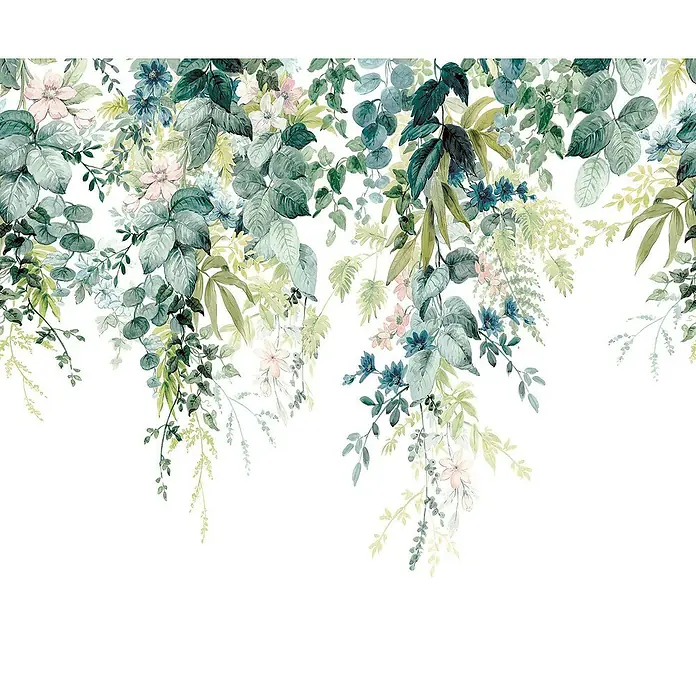 Komar Fototapete Blütenranken - 6 -tlg., B x H: 300 x 250 cm, Vlies - Aquarell-Illustration mit blauen, grünen und rosa botanischen Elementen, die eine natürliche, dekorative Ästhetik erzeugen.