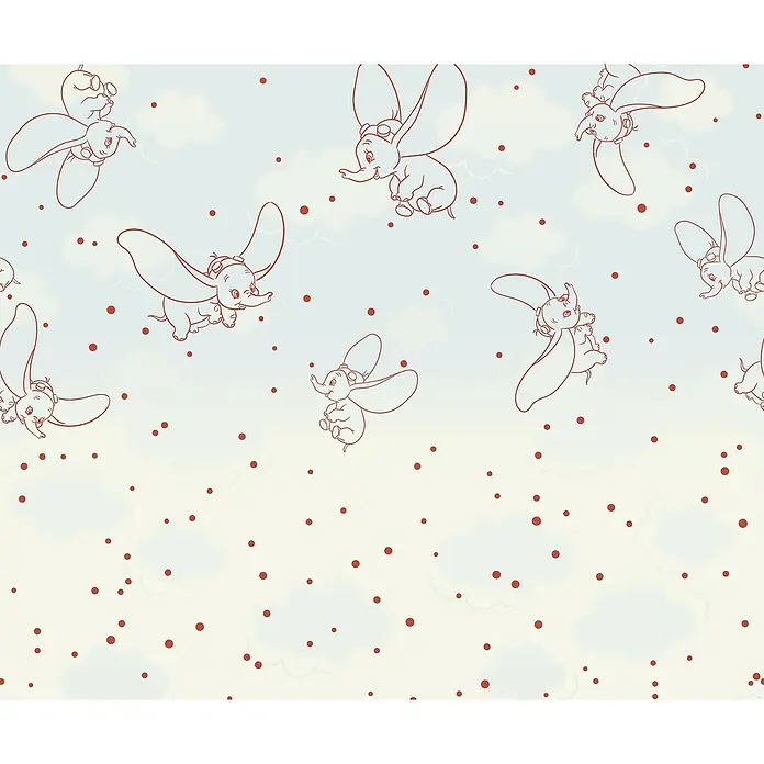 Komar Fototapete Dumbo - 7 -tlg., B x H: 350 x 250 cm, Vlies - Dumbo-Muster: Skizzen von Dumbo, dem fliegenden Elefanten, in einem verspielten, sich wiederholenden Design mit roten Punkten auf blauem Hintergrund.