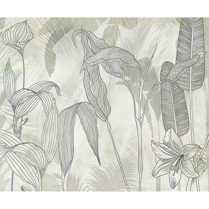 Komar Fototapete Lilia - 6 -tlg., B x H: 300 x 250 cm, Vlies - Elegante Illustration eines exotischen Pflanzenmotivs, ideal für moderne Wanddekoration und stilvolle Akzente im Raum.