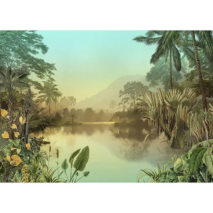 Komar Fototapete Tropical - 7 -tlg., B x H: 350 x 250 cm, Vlies - Üppige Dschungellandschaft mit Palmen und einem stillen See im Vintage-Stil, die eine exotische und ruhige Atmosphäre vermittelt.