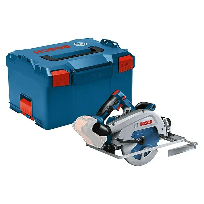 Bosch Professional AMPShare 18V Akku-Handkreissäge Pro GKS18V-68G - 18 V, Ohne Akku, Durchmesser Sägeblatt: 184 mm - 190 mm, 2.500 U/min - 5.000 U/min - Eine Bosch Akku-Handkreissäge mit Zubehörkoffer. Die Säge ist blau-silbern und der Koffer blau mit roten Akzenten.