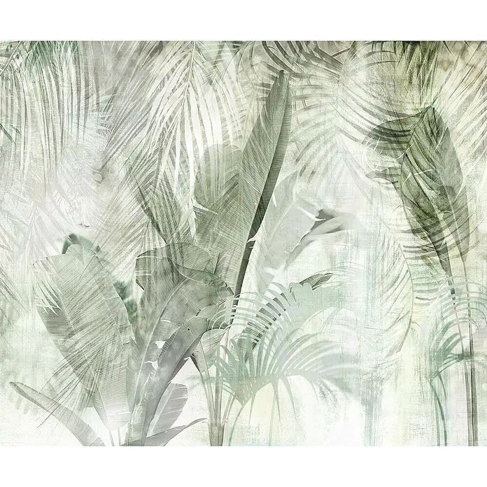 Komar Fototapete Blattgewand - 6 -tlg., B x H: 300 x 250 cm, Vlies - Ein dekoratives Wandbild mit einem dezenten tropischen Blätterdesign in sanften Grüntönen, ideal für eine ruhige Raumatmosphäre.