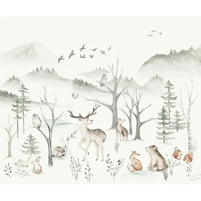 Komar Fototapete Zuhause im Wald - 6 -tlg., B x H: 300 x 250 cm, Vlies - Aquarellbild mit sanften Waldtieren wie Hirschen, Füchsen, Eulen und Bären in einer ruhigen Winterlandschaft. Perfekt für beruhigende Kinderzimmer-Dekoration.