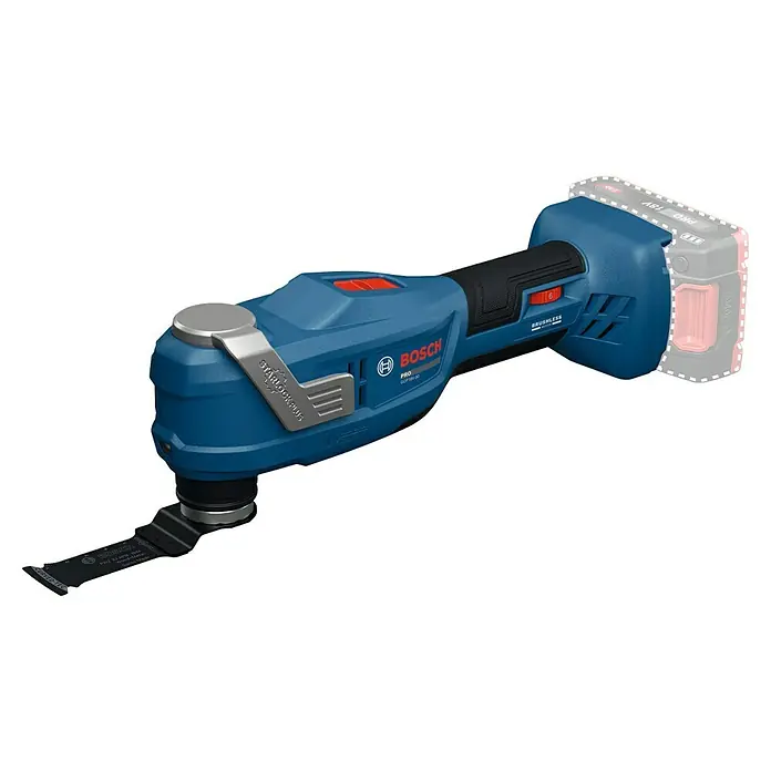 Bosch Professional AMPShare 18V Akku-Multitool GOP 18V-30 SOLO K - Ohne Akku, 18 V - Bild einer blauen Bosch GOP 18V-30 Akku-Multifunktionswerkzeug mit StarlockPlus-System und aufgesetztem Sägeblatt.