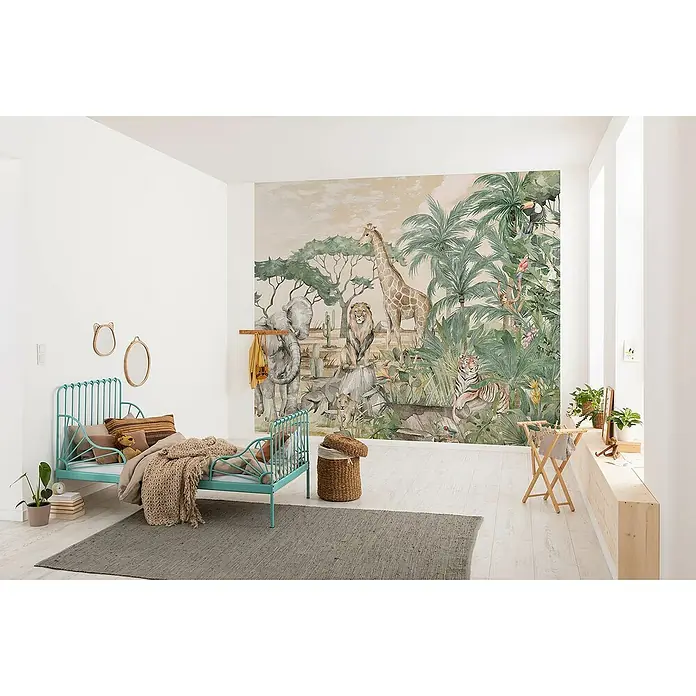 Komar Fototapete Tierwelt - 6 -tlg., B x H: 300 x 250 cm, Vlies - Safaritiere und üppige Pflanzen auf einer großen Wandtapete im Kinderzimmer.