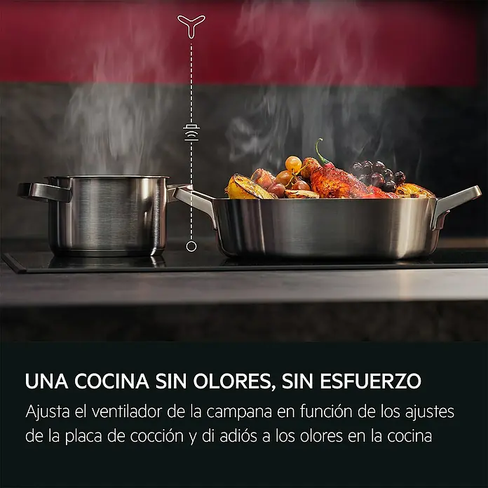 AEG Placa de cocción TO63IQ00FB - Número de fogones de inducción: 3 ud., Vidrio - Cocina sin olores fácil. La campana se adapta a la placa, eliminando los olores de la cocina sin esfuerzo.