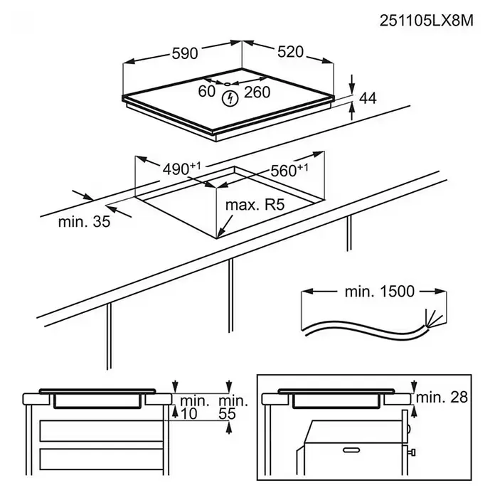 AEG Placa de cocción TO63IQ00FB - Número de fogones de inducción: 3 ud., Vidrio - Diagrama de una placa de cocina que muestra las dimensiones de instalación, el tamaño total y las distancias de seguridad.