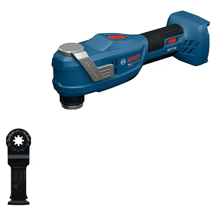 Bosch Professional AMPShare 18V Akku-Multitool GOP 18V-30 SOLO K - Ohne Akku, 18 V - Abbildung eines blauen Bosch GOP 18V-30 Akku-Multifunktionswerkzeugs mit Zubehör, ideal für diverse Anwendungen.