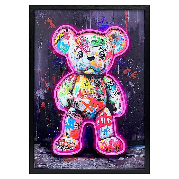 ProArt Cuadro Neon Art Oso de Peluche - Peluche Grafitti, An x Al: 50 x 70 cm - Obra de arte enmarcada de un osito de peluche grafitado vibrante con contorno rosa neón sobre fondo oscuro.