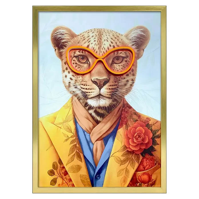 ProArt Cuadro Neon Art Leopardo - Leopardo, An x Al: 50 x 70 cm - Lámina enmarcada con leopardo de gafas naranjas, traje floral amarillo, camisa azul y bufanda marrón.