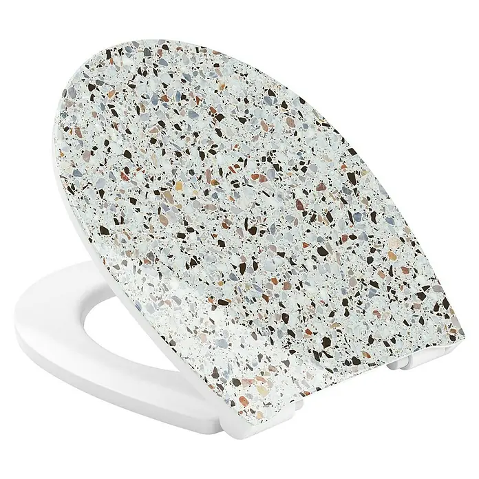 Poseidon WC-Sitz Maremma - Duroplast, Maremma, Mit Absenkautomatik - Toilettensitz mit Terrazzo-Musterdeckel und weißem Unterteil.