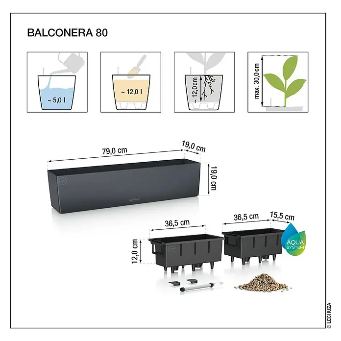 Lechuza Cottage Balkonkasten Balconera - Max. Außenlänge: 80 cm, Kunststoff, Schwarz - Abmessungen des Blumenkastens Balconera 80, mit einer Länge von 79 cm, einer Breite von 19 cm und einer Höhe von 19 cm.