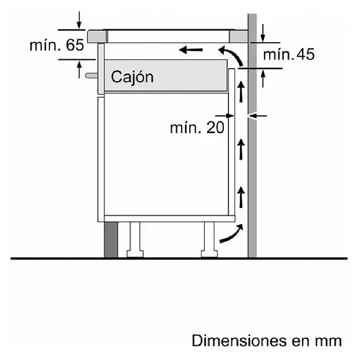 Balay Placa de cocción 3EB864FR - Número de fogones de inducción: 3 ud., Vidrio - Esquema de las distancias mínimas de instalación para un electrodoméstico con cajón: 65mm superior, 45mm posterior, 20mm lateral/inferior.
