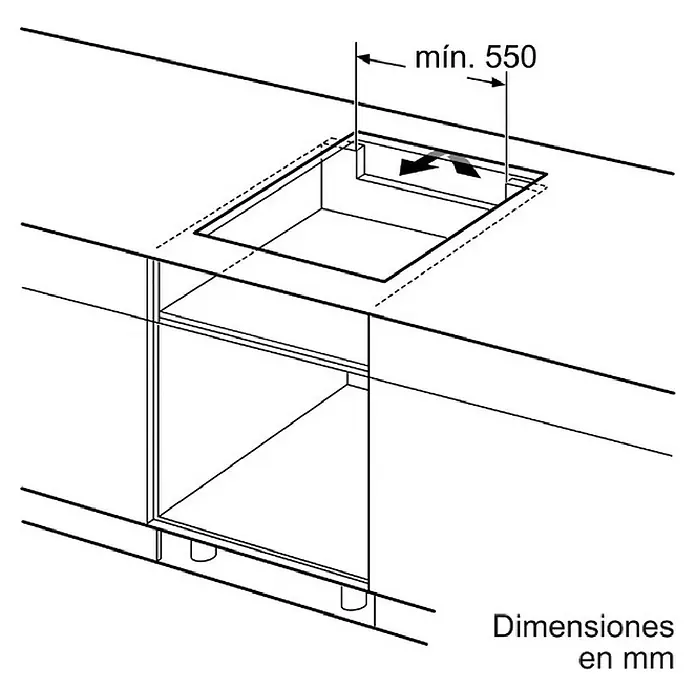Balay Placa de cocción 3EB864FR - Número de fogones de inducción: 3 ud., Vidrio - Diagrama de instalación de una placa de cocción encastrable en una encimera de cocina, con profundidad mínima de 550 mm.