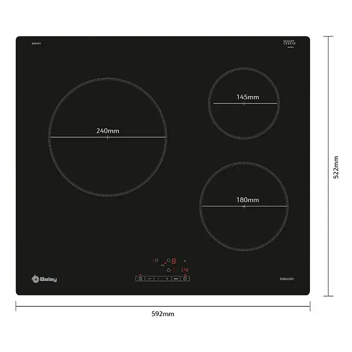 Balay Placa de cocción 3EB864FR - Número de fogones de inducción: 3 ud., Vidrio - Imagen de una placa de inducción Balay con 3 zonas de cocción y dimensiones de 592 mm x 522 mm, diámetros de zona de cocción: 240 mm, 145 mm y 180 mm.