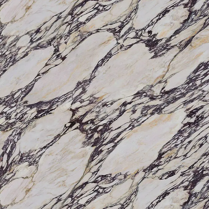 Komar Fototapete Marmor - 6 -tlg., B x H: 300 x 250 cm, Vlies - Weiße und hellviolette Marmorplatte mit markanten diagonalen dunkelvioletten und schwarzen Adern, akzentuiert mit Goldtönen.