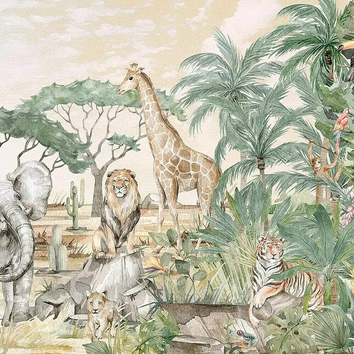 Komar Fototapete Tierwelt - 6 -tlg., B x H: 300 x 250 cm, Vlies - Aquarell-Safari-Szene mit Elefant, Löwe, Giraffe, Tiger und Dschungelpflanzen. Dekorativer Kinderzimmerdruck.