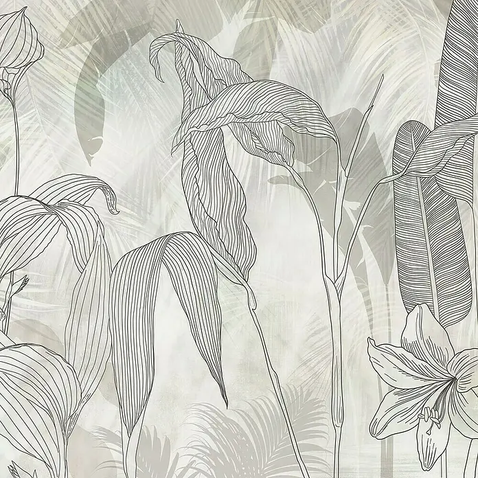 Komar Fototapete Lilia - 6 -tlg., B x H: 300 x 250 cm, Vlies - Schwarze Strichzeichnungen von tropischen Blättern und einer Blume mit Palmen-Silhouetten.