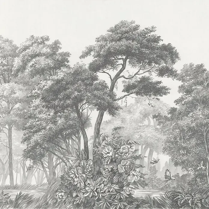 Komar Fototapete Glade - B x H: 350 x 250 cm, Vlies, 7 -tlg. - Monochromes Waldlandschaft mit üppigen Bäumen, blühenden Blumen, einem Bach und fliegenden Vögeln.