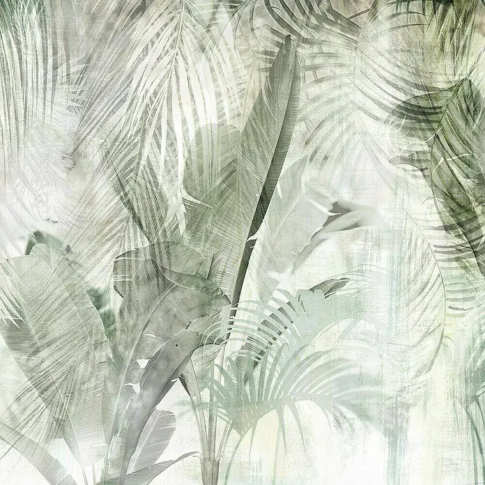 Komar Fototapete Blattgewand - 6 -tlg., B x H: 300 x 250 cm, Vlies - Verblasstes tropisches Blättermuster in gedämpftem Grün und Grau mit weißen Akzenten, mehrschichtig und strukturiert.