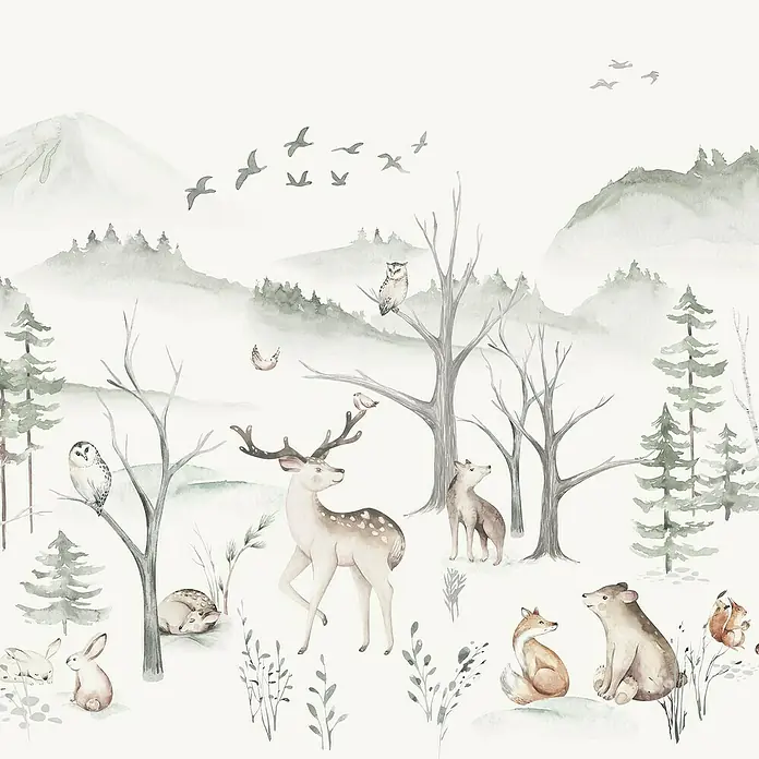 Komar Fototapete Zuhause im Wald - 6 -tlg., B x H: 300 x 250 cm, Vlies - Aquarell-Illustration eines Winterwaldes mit Hirschen, Bären, Füchsen, Hasen, Eulen und anderen Tieren in verschneiten Bäumen und Bergen.