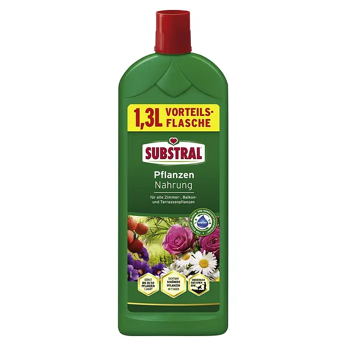 Substral Universaldünger 1,3L - 1,3 l - Grüne 1,3-Liter-Flasche Substral Pflanzennahrung mit rotem Deckel, zeigt Blumen und Gemüse und verspricht gesündere Pflanzen in 7 Tagen.