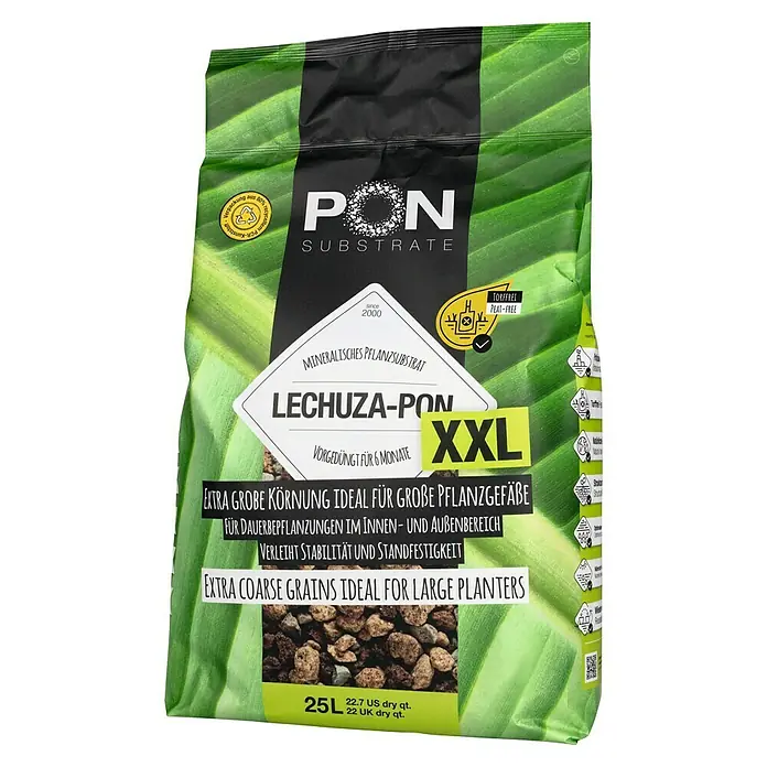 Lechuza Pflanzgranulat Pon XXL - 25 l - Großer grün-schwarzer Beutel Lechuza-PON XXL Pflanzsubstrat, 25L, mit grober Körnung und "torffrei" Etikett.