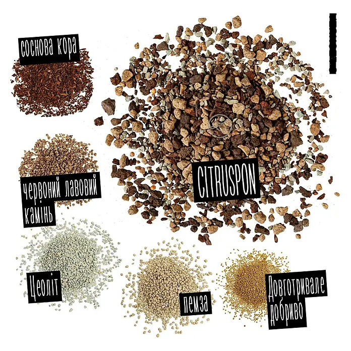 Lechuza Pflanzgranulat Citruspon - 12 l - Verschiedene Pflanzsubstrate und Bodenzusätze: Pinienrinde, Lavastein, Zeolith, Bims, Dünger und eine Citruspon-Mischung.