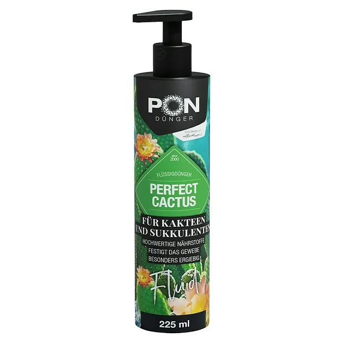 Lechuza Universaldünger Perfect Cactus Fluid - 225 ml - Schwarze Flasche PON Perfect Cactus Flüssigdünger mit Pumpspender, grünes Etikett mit Kaktus- und Blütenmotiv.