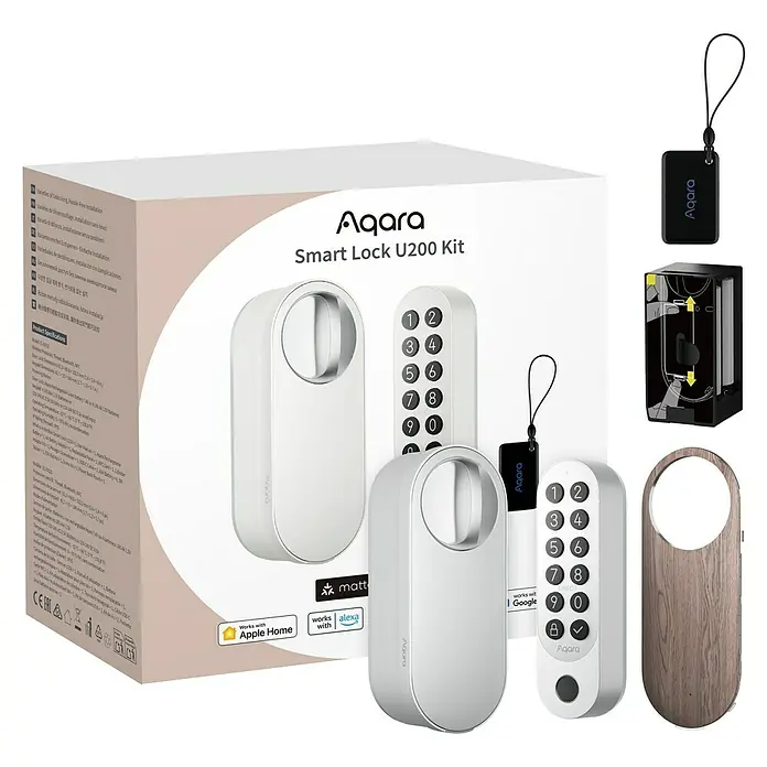 Aqara Elektronisches Türschloss SMART LOCK U200 - Bedienung: Fingerabdruck, Zugangscode, Smartphone, Geeignet für: Türen, Weiß - Weißes Aqara Smart Lock U200 Kit mit Tastatur, bestehend aus Schlosseinheit, Holzverkleidung und schwarzem Schlüsselanhänger.