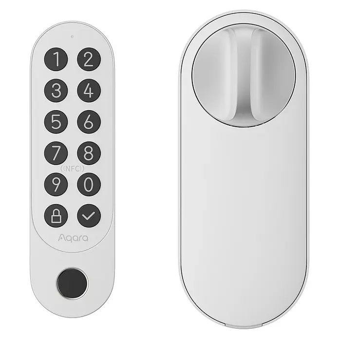 Aqara Elektronisches Türschloss SMART LOCK U200 - Bedienung: Fingerabdruck, Zugangscode, Smartphone, Geeignet für: Türen, Weiß - Weißes Aqara Smart-Türschloss mit Ziffernfeld, Fingerabdruckscanner und separater Innengriffeinheit.