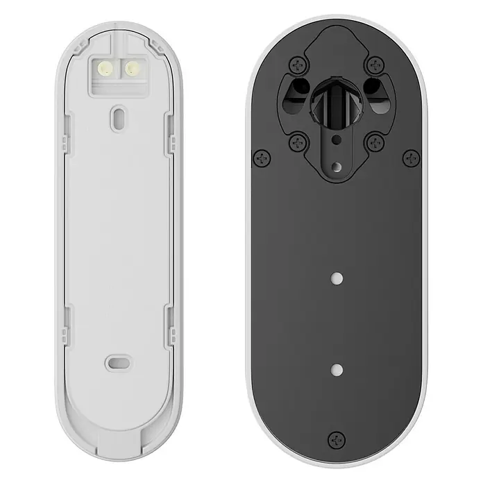 Aqara Elektronisches Türschloss SMART LOCK U200 - Bedienung: Fingerabdruck, Zugangscode, Smartphone, Geeignet für: Türen, Weiß - Weiße Rückplatte mit elektrischen Kontakten neben einer dunkelgrauen Montagehalterung mit Schrauben und zentralem Befestigungsmechanismus.
