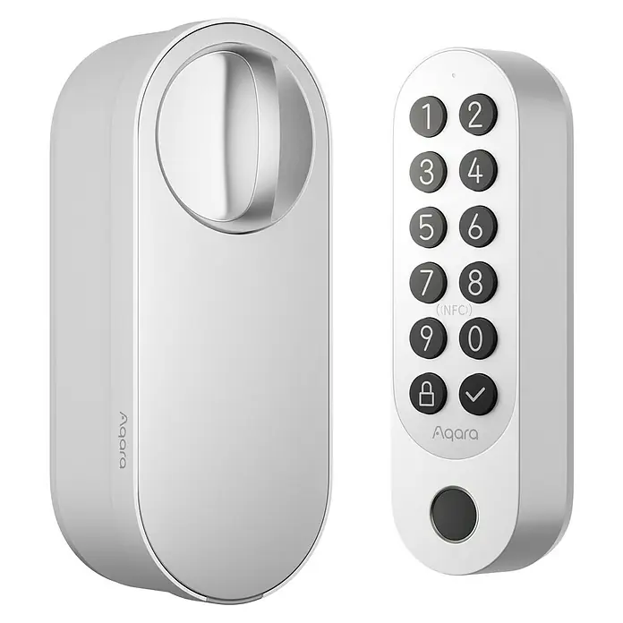 Aqara Elektronisches Türschloss SMART LOCK U200 - Bedienung: Fingerabdruck, Zugangscode, Smartphone, Geeignet für: Türen, Weiß - Weißes Aqara Smart-Schloss-System mit Haupteinheit und separatem Tastenfeld inklusive Ziffern, Symbolen, NFC und Fingerabdruckleser.