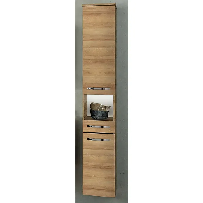 Camargue Star Hochschrank - 30,4 x 32,5 x 181,6 cm, Berg Eiche, DIN Anschlag: Rechts - Hoher heller Holzschrank mit offenem Fach und zwei geschlossenen Türen, mit Chromgriffen.