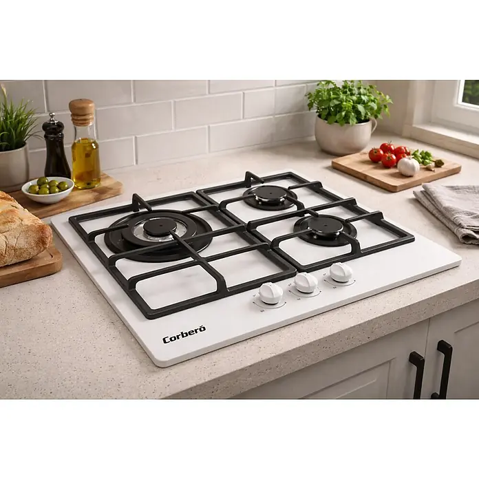 Corberó Placa de cocción CPCGM3F3122W - L x An: 51 x 60 cm, Número de quemadores de gas: 3 ud. - Placa de gas Corberó blanca con parrillas negras y mandos blancos, integrada en una encimera de cocina clara con alimentos.