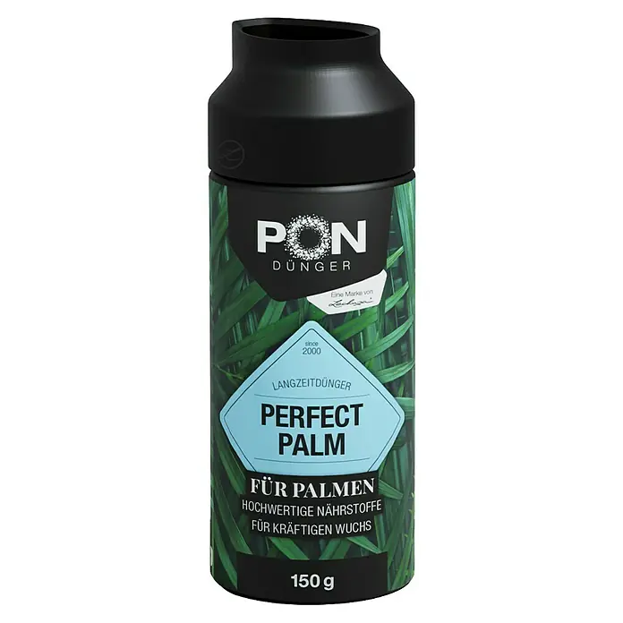 Lechuza Langzeitdünger Perfect Palm - 150 g - Schwarzer zylindrischer Behälter mit PON Perfect Palm Langzeitdünger (150g) für kräftiges Pflanzenwachstum.