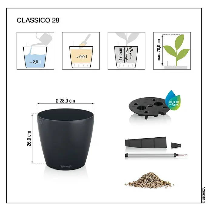 Lechuza Classico Pflanztopf Eco - Außenmaß (Ø x H): 27,5 x 26 cm, Kunststoff, Dunkelgrau - Dunkelgrauer Lechuza Classico 28 Pflanzkübel mit Selbstbewässerungssystem, Maßen (28cm Durchmesser, 26cm Höhe), Wasserspeicher und Pflanzenvolumen.