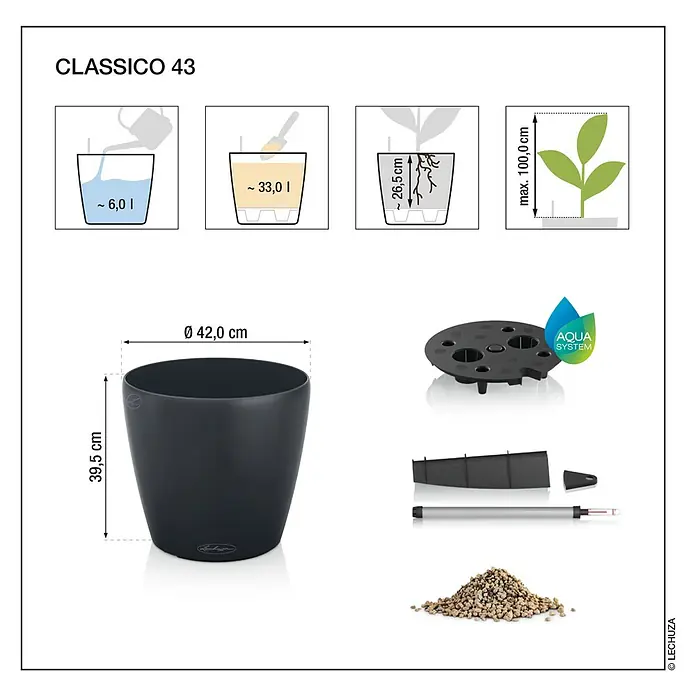 Lechuza Classico Pflanztopf Eco - Außenmaß (Ø x H): 42 x 39,5 cm, Kunststoff, Dunkelgrau - Dunkelgrauer Lechuza Classico 43 Selbstbewässerungs-Pflanztopf mit Aqua System. Maße (Ø42cm, H39.5cm), Wasser (6L) & Erde (33L) Volumen, max. Pflanzenhöhe (100cm).