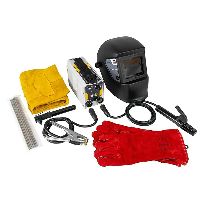 Gys Schweißgerät GYSMI 160A Set - Schweißstrom: 10 A - 160 A, L x B x H: 23 x 15 x 10 cm - Umfassendes Schweißausrüstungsset mit Inverter-Schweißgerät, Schweißhelm, roten Handschuhen, gelber Schutzkleidung, Schweißstäben, Elektrodenhalter und Masseklemme.