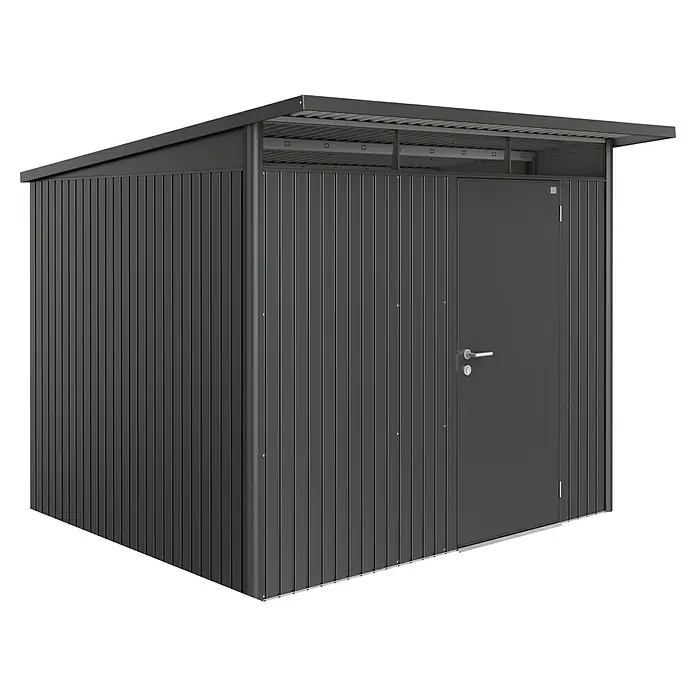 Biohort AvantGarde Gerätehaus A6 - Außenmaß inkl. Dachüberstand (B x T): 260 x 260 cm, Stahl, Dunkelgrau Metallic, Einzeltür - Dunkelgrauer Metall-Geräteschuppen mit vertikalen Paneelen und Einzeltür.