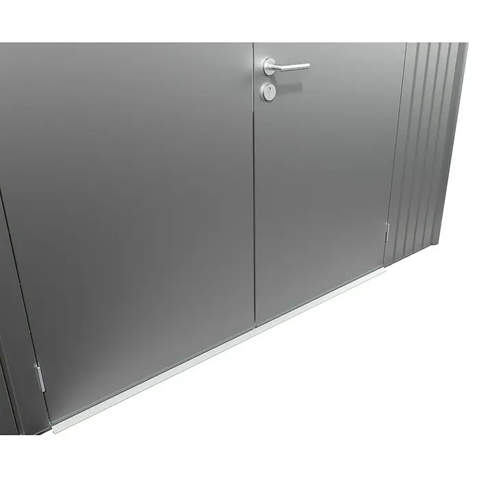 Biohort AvantGarde Gerätehaus A6 - Außenmaß inkl. Dachüberstand (B x T): 260 x 260 cm, Stahl, Quarzgrau Metallic, Doppeltür - Grauer Metallschrank mit Türen, silbernem Griff und Schloss. Mit gerippten Seitenwänden.