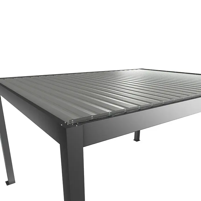 Biohort Pergola Lamellenpavillon Gr. 4,5 - B x T: 460 x 367,5 cm, Quarzgrau Metallic - Silber Metallic, Material Gestell: Stahl - Graues Lamellen-Pergoladach mit dunkelgrauem Rahmen, bietet Sonnenschutz.