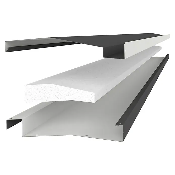 Biohort Lamellenpavillon - B x T: 367,5 x 367,5 cm, Dunkelgrau Metallic - Silber Metallic, Material Gestell: Stahl - Explosionszeichnung eines Schichtdämmsystems: weißer Schaum zwischen grauen und dunkelgrauen Metallprofilen.