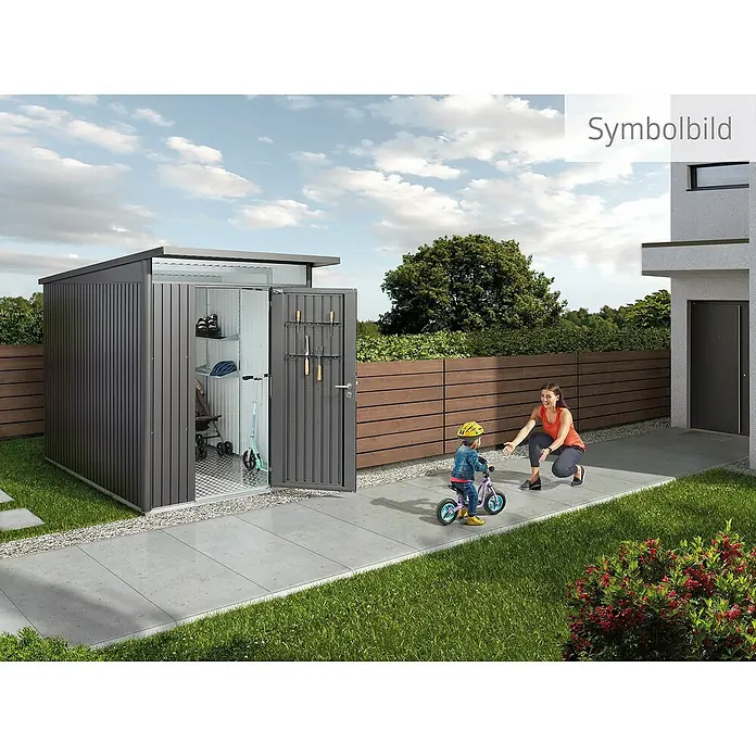 Biohort AvantGarde Gerätehaus A6 - Außenmaß inkl. Dachüberstand (B x T): 260 x 260 cm, Stahl, Dunkelgrau Metallic, Doppeltür - Dunkelgraues Metall-Gartenhaus mit geöffneten Türen, zeigt Stauraum für Werkzeuge und Fahrräder.
