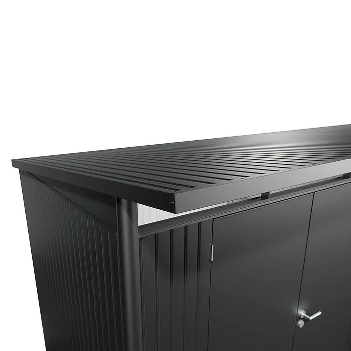 Biohort AvantGarde Gerätehaus A6 - Außenmaß inkl. Dachüberstand (B x T): 260 x 260 cm, Stahl, Dunkelgrau Metallic, Doppeltür - Dunkelgrauer Metall-Geräteschuppen mit gerippten Details und Türgriff.
